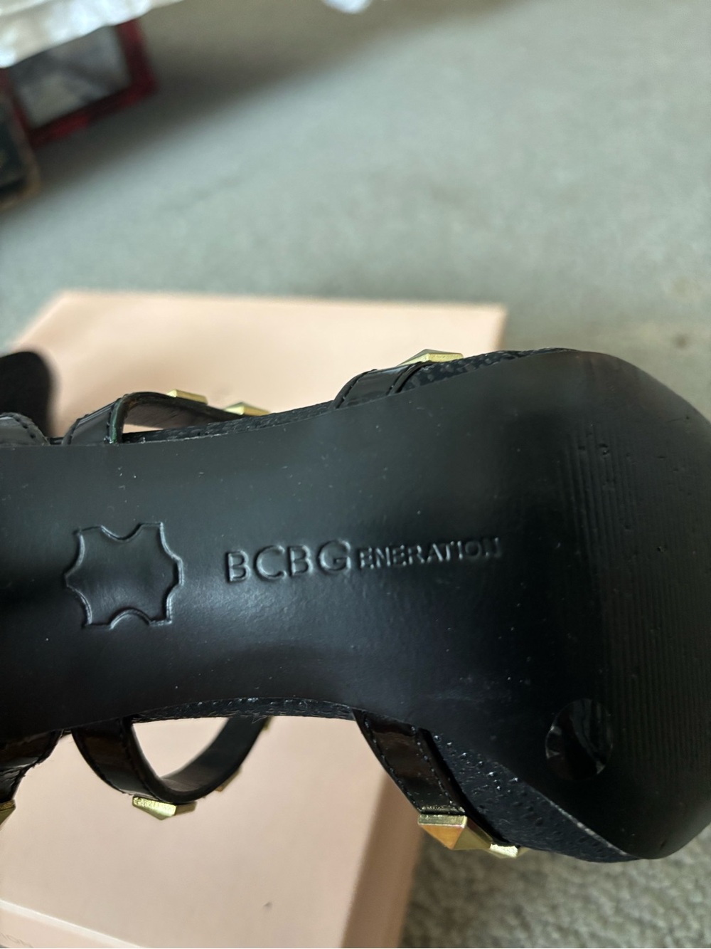 BCBGeneration Black Pointed T-Strap Heels with Gold Pyramid Studs - Picture 5 of 6